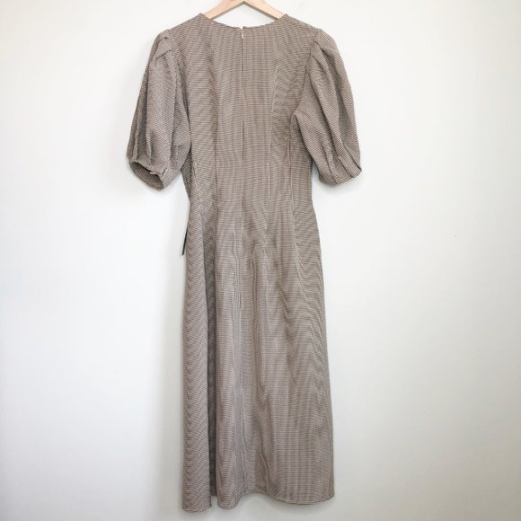 NWT Anthropologie Houndstooth Pleated Puff Sleeve Cottagecore Preppy Midi Dress - Picture 8 of 10